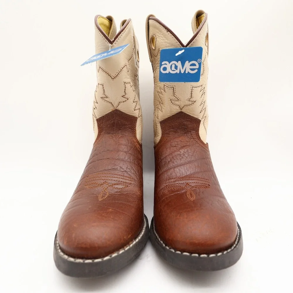 Acme Vintage Cowboy Boots Boys 2 Brown Cream Bullhide Roper NWT Deadstock
